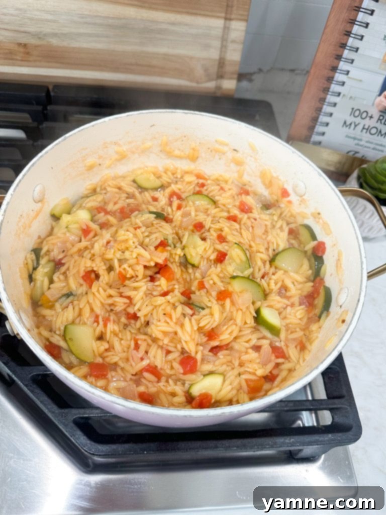 One pot orzo with vegetables simmering