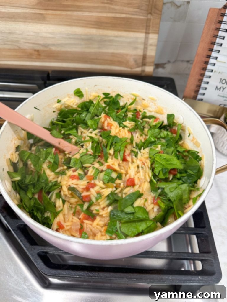 One pot orzo with vegetables adding spinach