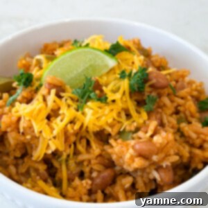 Close-up of a serving of Spanish rice with pinto beans, topped with melted cheese and fresh herbs.
