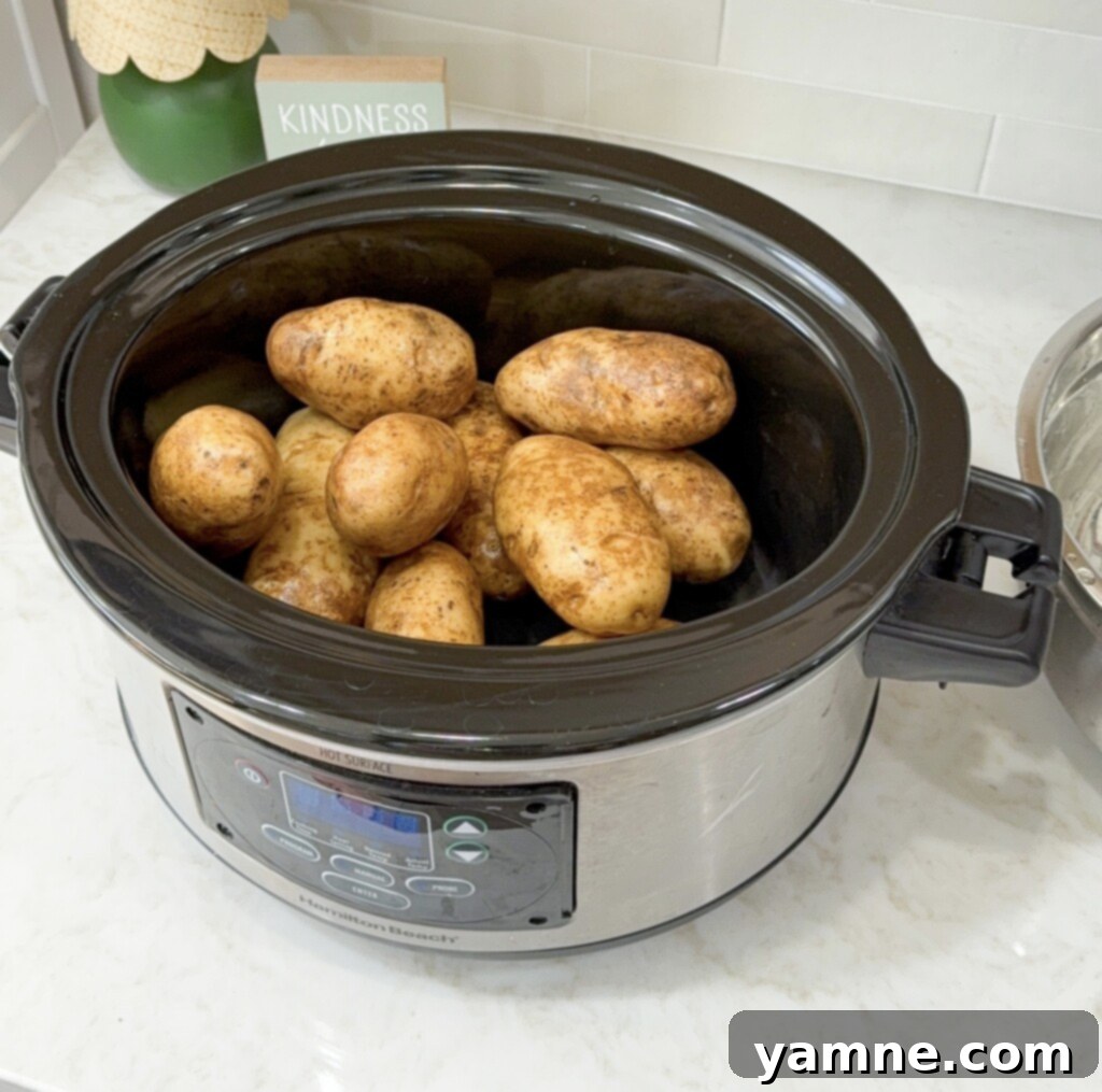 washed potatoes added to slow cooker