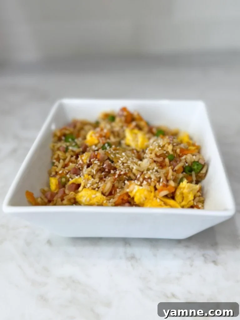 Flavorful ham fried rice in a pan