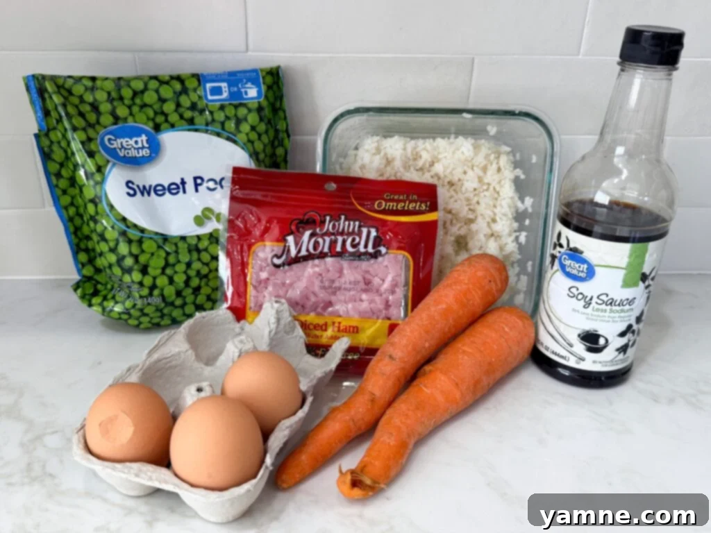 Ham fried rice ingredients laid out