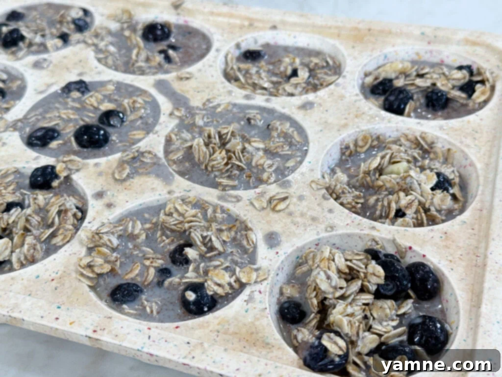 Blueberry oatmeal muffins ready to be baked in a muffin tin.