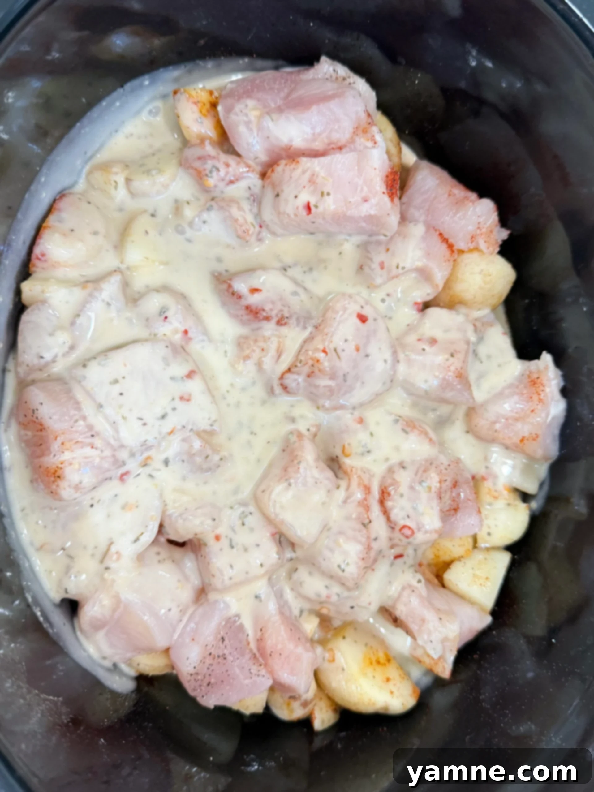 Comforting Slow Cooker Garlic Parmesan Chicken and Potatoes 7 raw chicken with parmesan mixture over top in slow cooker