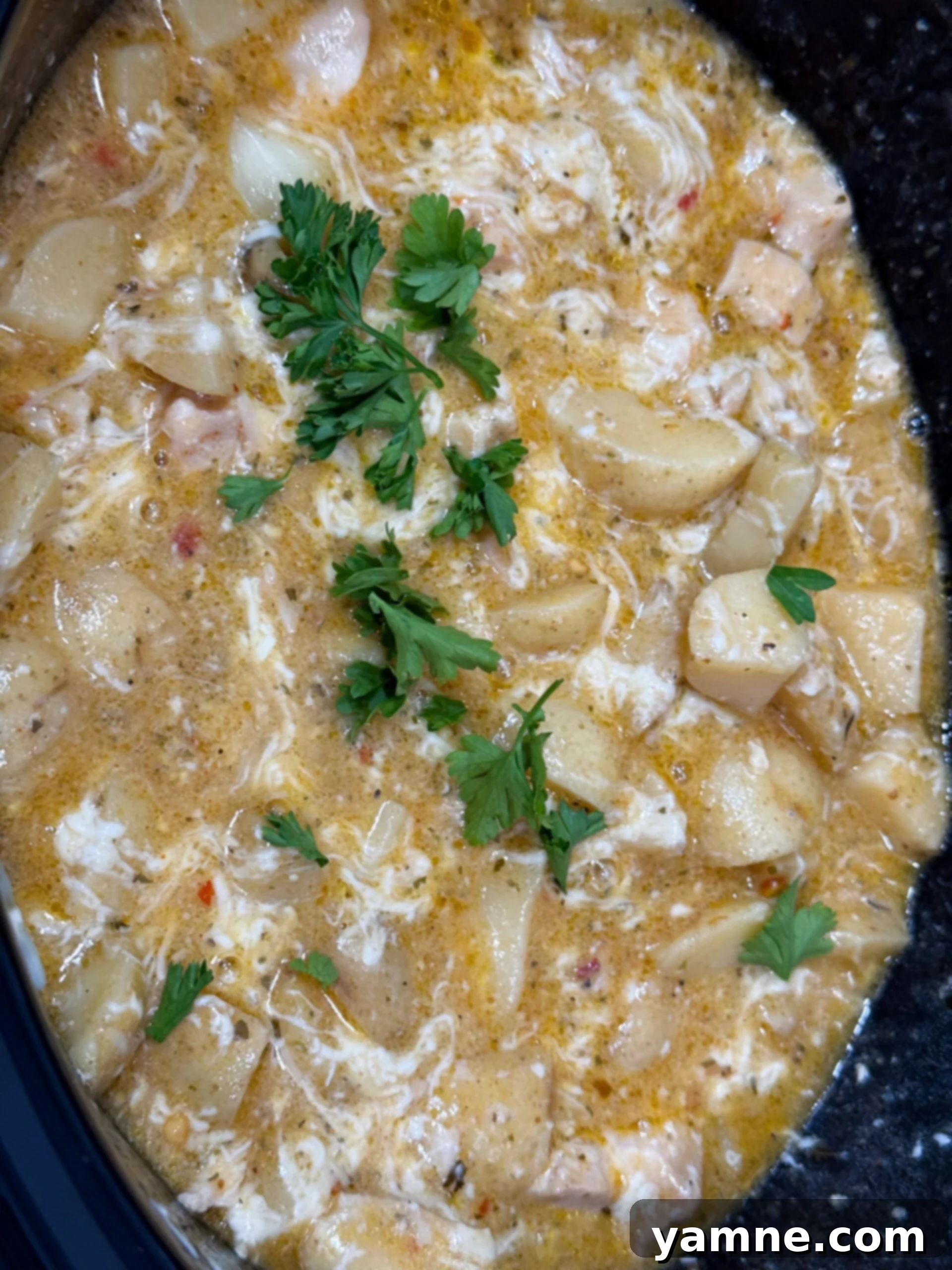 Comforting Slow Cooker Garlic Parmesan Chicken and Potatoes 10 creamy parmesan sauce with cooked chicken and fresh parsley