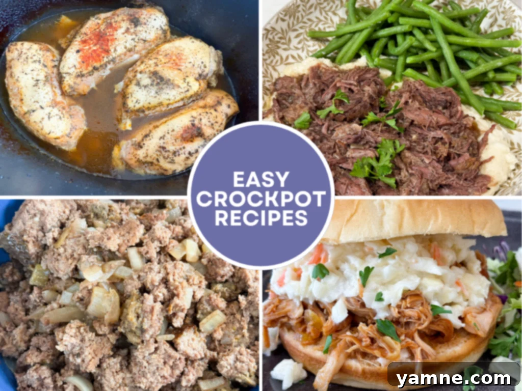 A collage of four images showcasing easy slow cooker chicken and beef recipes, labeled 'Easy Crock Pot Recipes'.