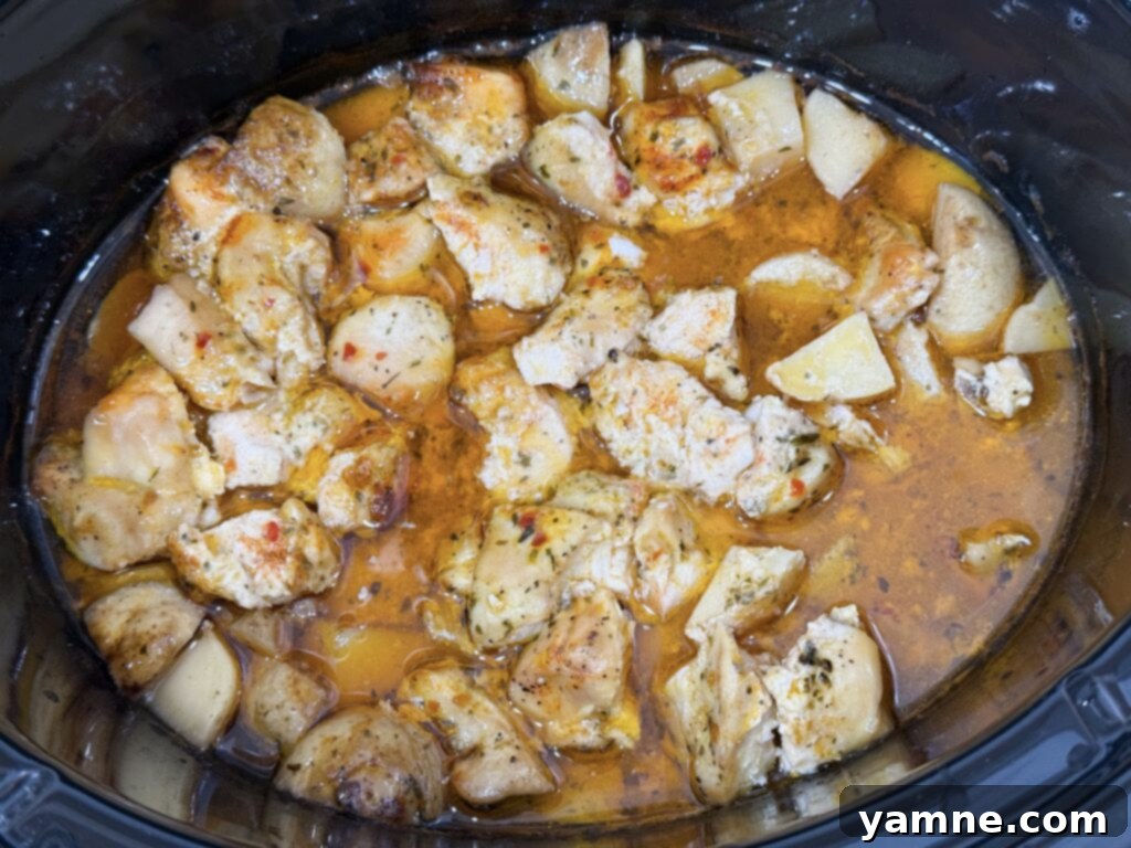 Perfectly cooked chicken in a rich garlic parmesan sauce, glistening in the slow cooker, ready to be served.