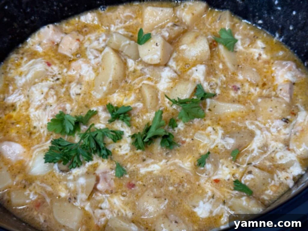 A close-up of creamy parmesan sauce enveloping tender cooked chicken pieces, garnished with fresh parsley.