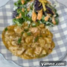 A blue and white plate featuring a serving of tender chicken and roasted potatoes, accompanied by a fresh green salad.
