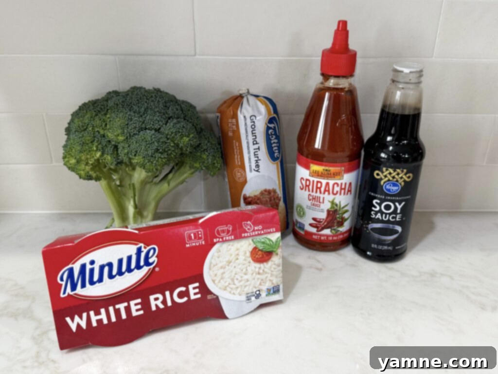 Effortless Ground Turkey Recipes: Quick & Delicious Meals 4 Sweet & Spicy Turkey and Broccoli Bowl Recipe ingredients on a white counter with Minute white rice