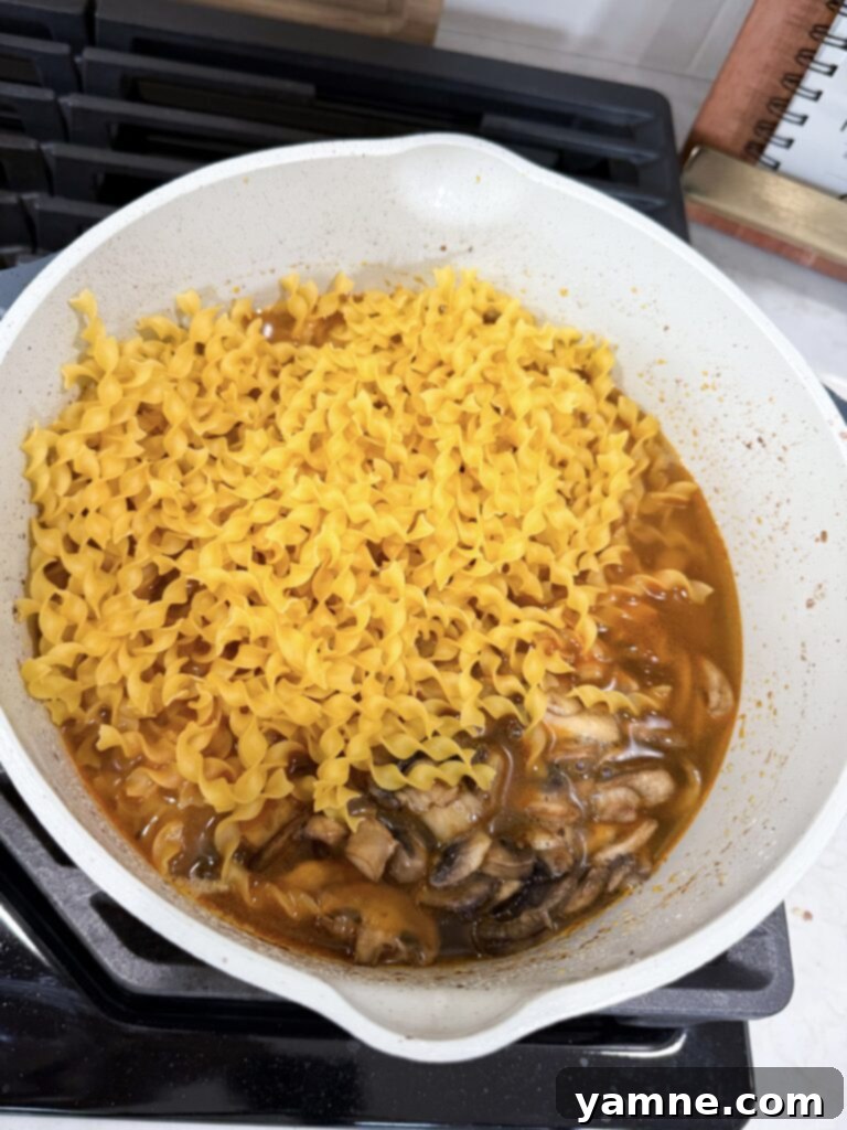 Effortless Ground Turkey Recipes: Quick & Delicious Meals 7 Add uncooked egg noodles to cooked turkey in stroganoff sauce in a large skillet on the oven