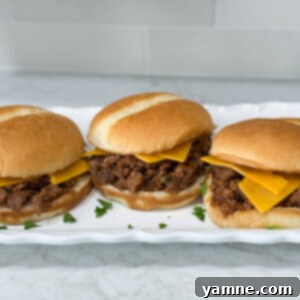 Effortless Ground Turkey Recipes: Quick & Delicious Meals 9 Simple Sloppy Joe sandwiches with cheese on hambuger buns on a long white plate on top of a white counter