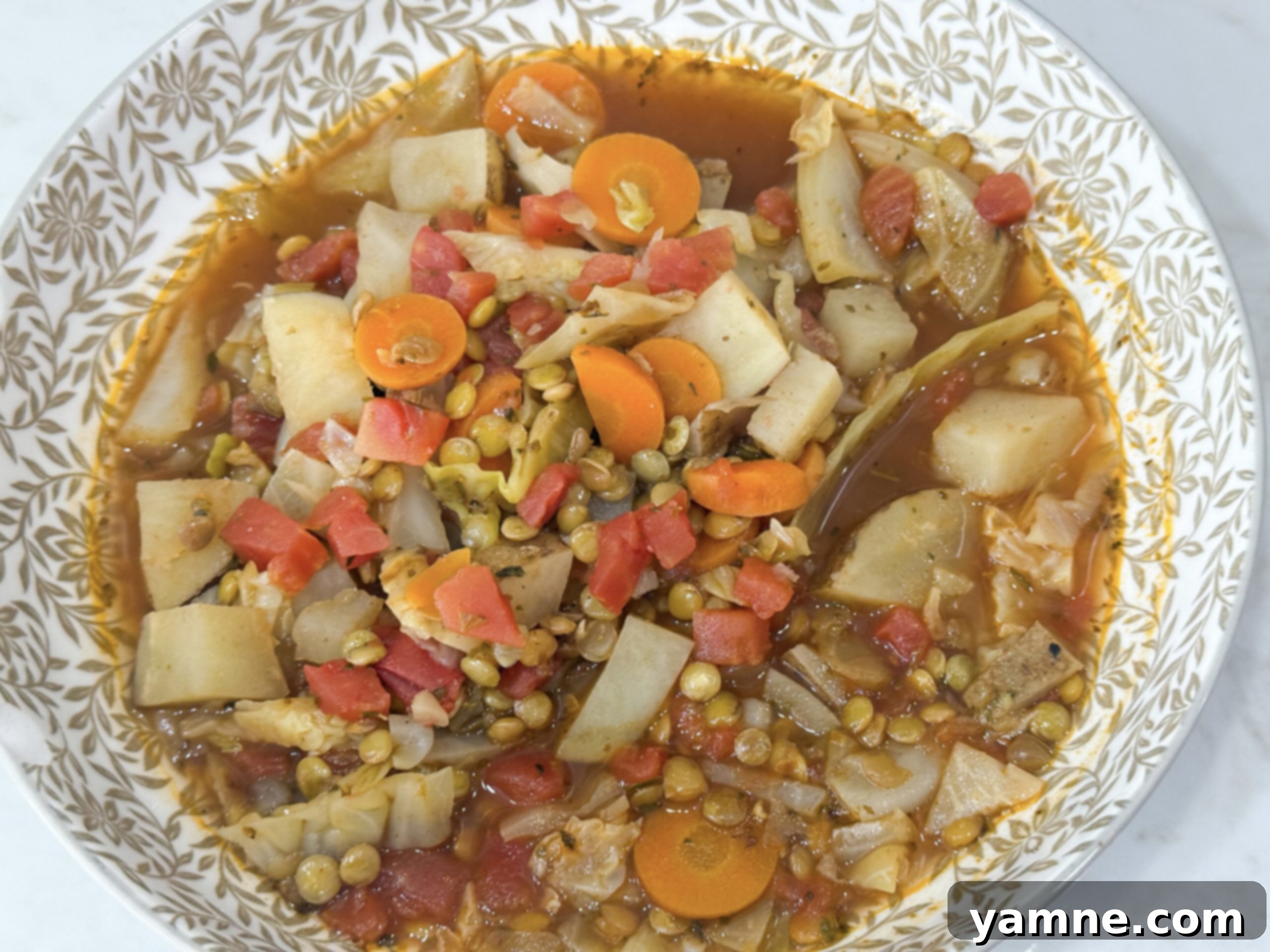 Cabbage and lentils stew in a bowl. See meal plan for the full recipe.