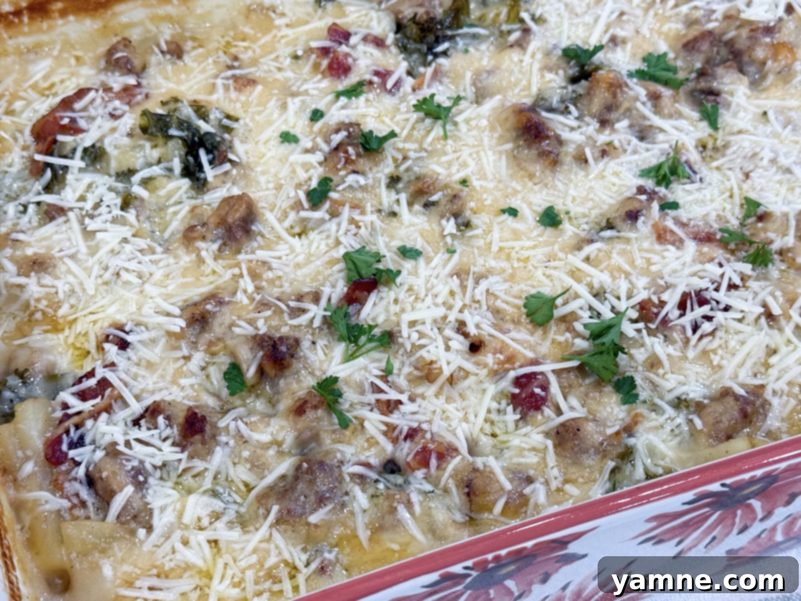 Creamy Zuppa Toscana Sausage Potato and Kale Bake 11 A freshly baked Zuppa Toscana Casserole in a 9x13 inch baking dish, with a golden, bubbly Parmesan crust.