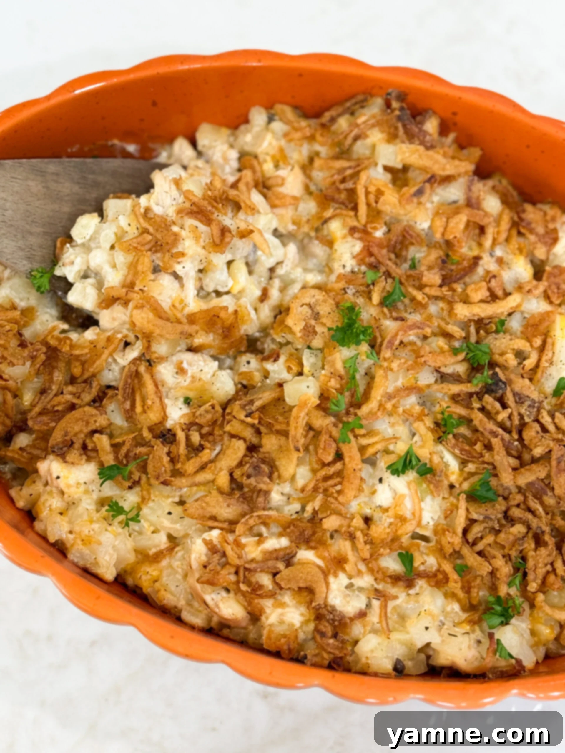Cheesy French Onion Chicken Hash Brown Bake 6 Onion Chicken Potato Casserole baked golden brown with crispy onion topping in 9x13 dish.