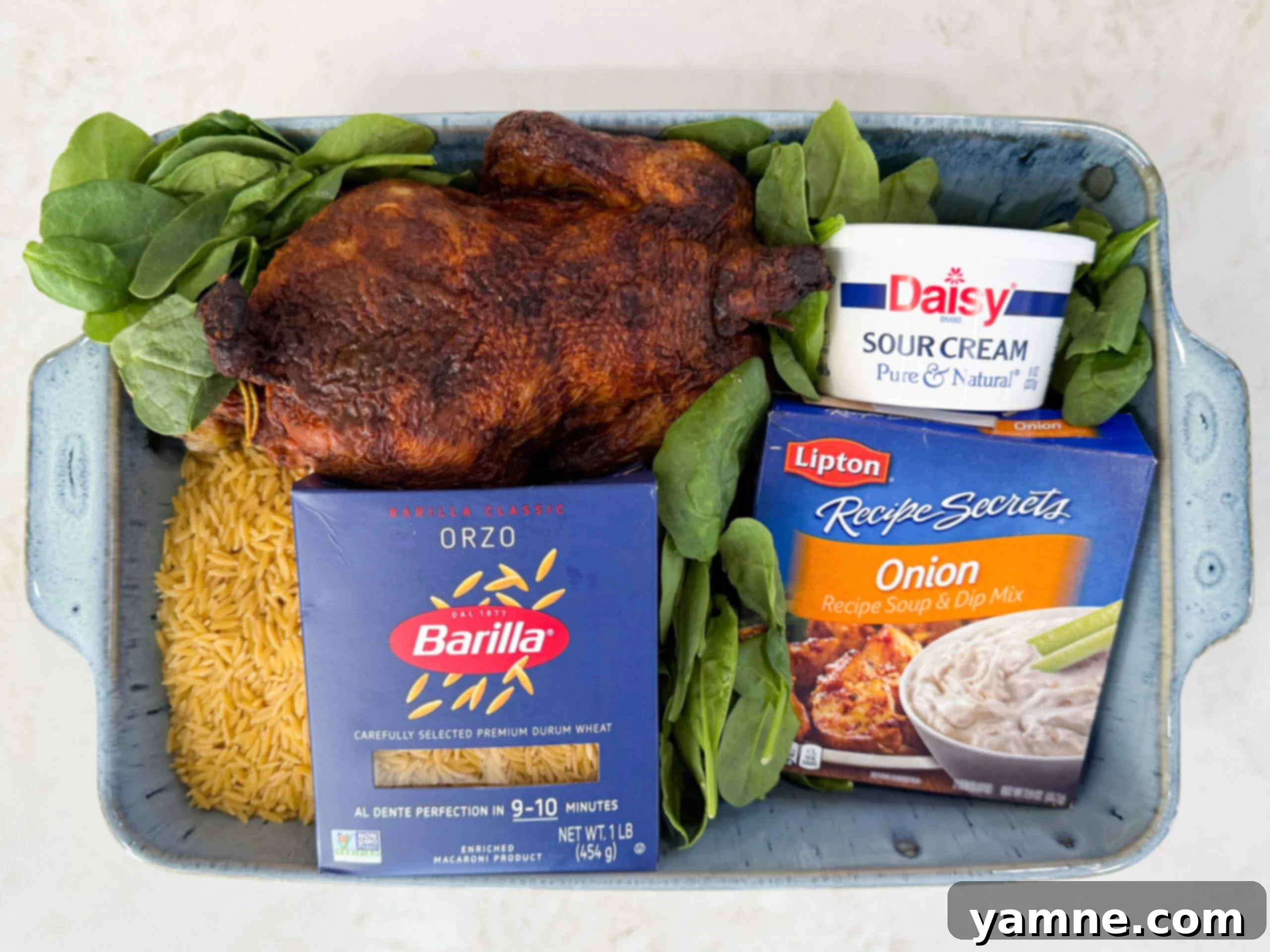 Ingredients for Spinach Chicken Orzo Casserole