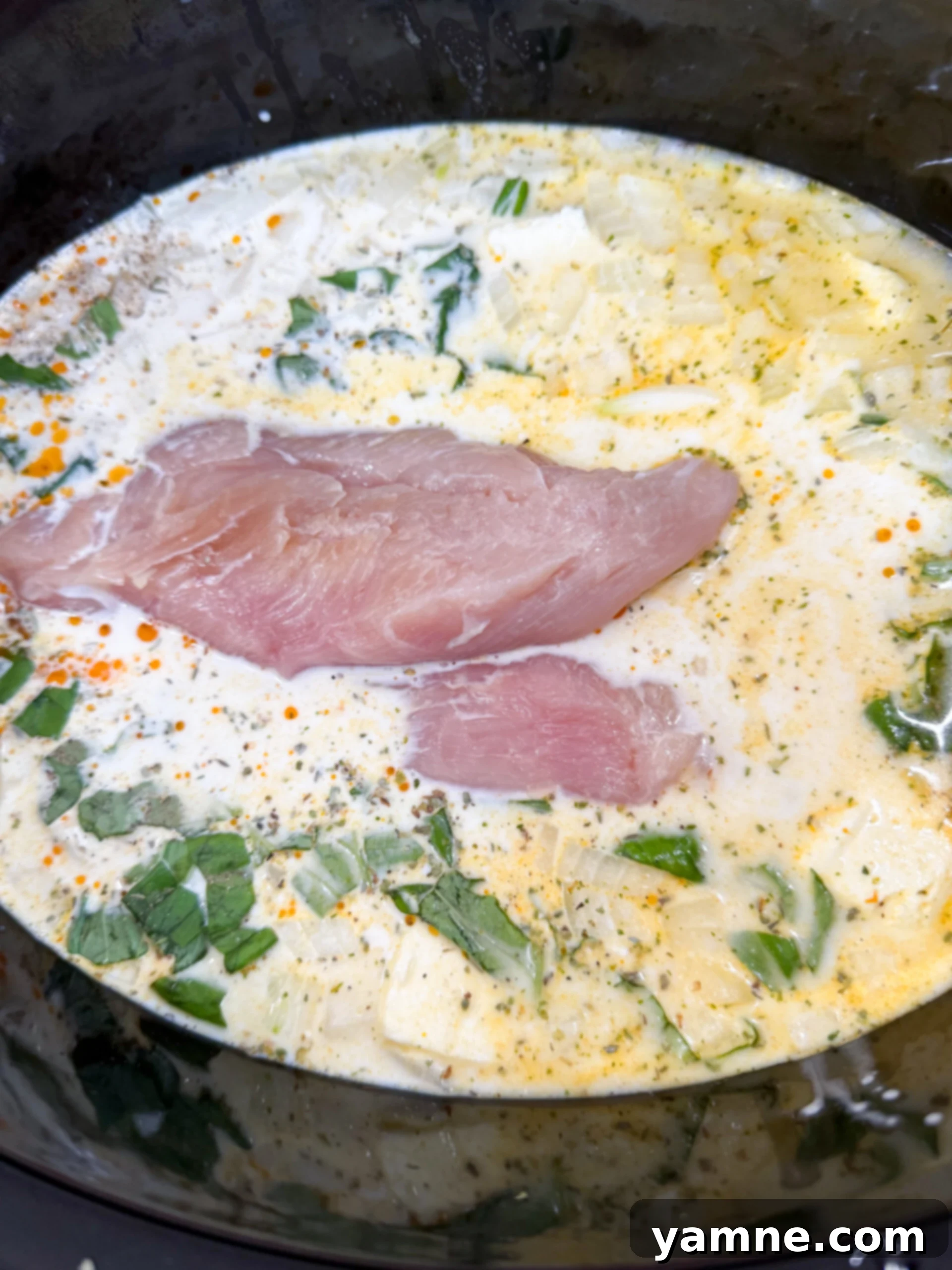 Raw chicken, cream cheese cubes, and chicken broth in a slow cooker before cooking.
