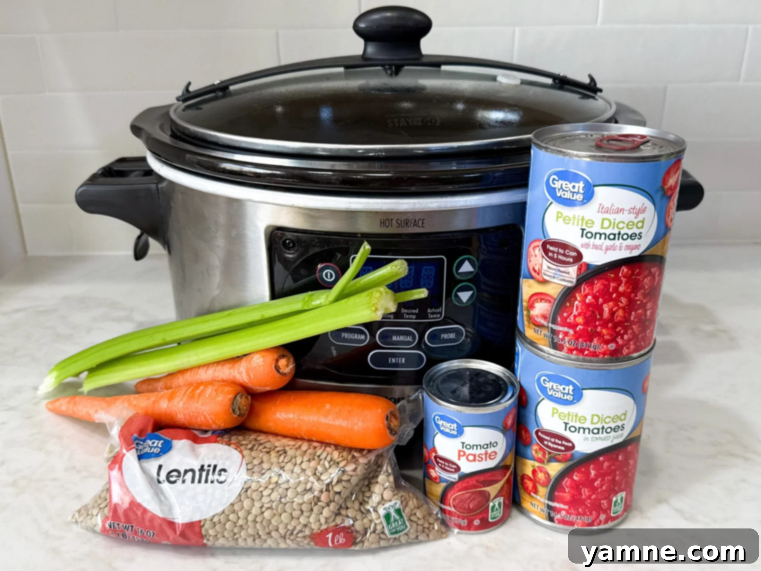 Ingredients for Slow Cooker Lentil Soup Stew on countertop with slow cooker.