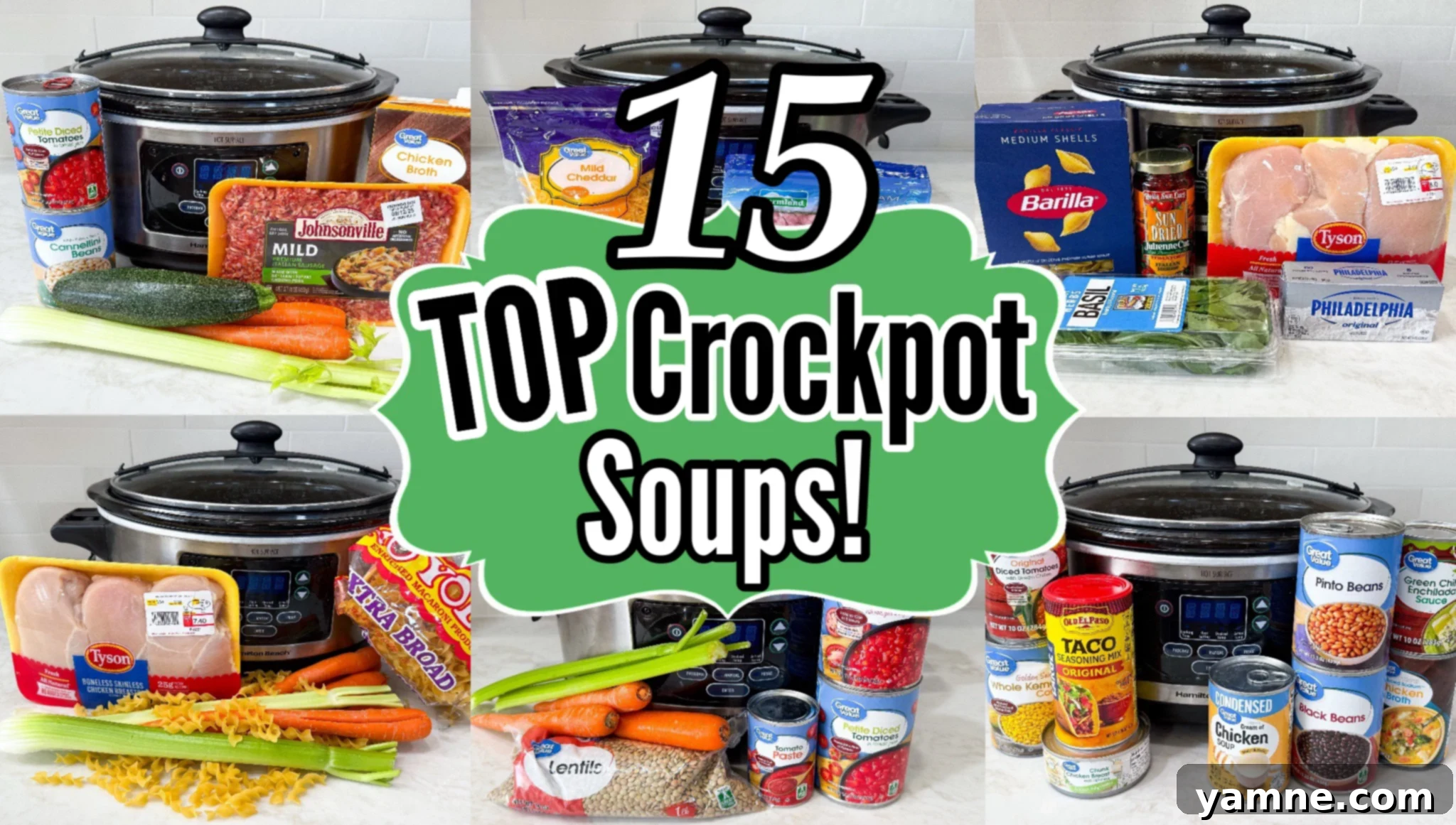 A collection of 15 cozy slow cooker soup bowls, showcasing various styles from creamy chicken to chunky vegetable, perfect for easy weeknight dinners during fall and winter.