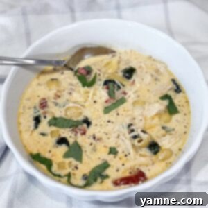 A bowl of creamy Slow Cooker Marry Me Chicken Soup with tender pasta, fresh spinach, and sun-dried tomatoes, garnished with Parmesan cheese.