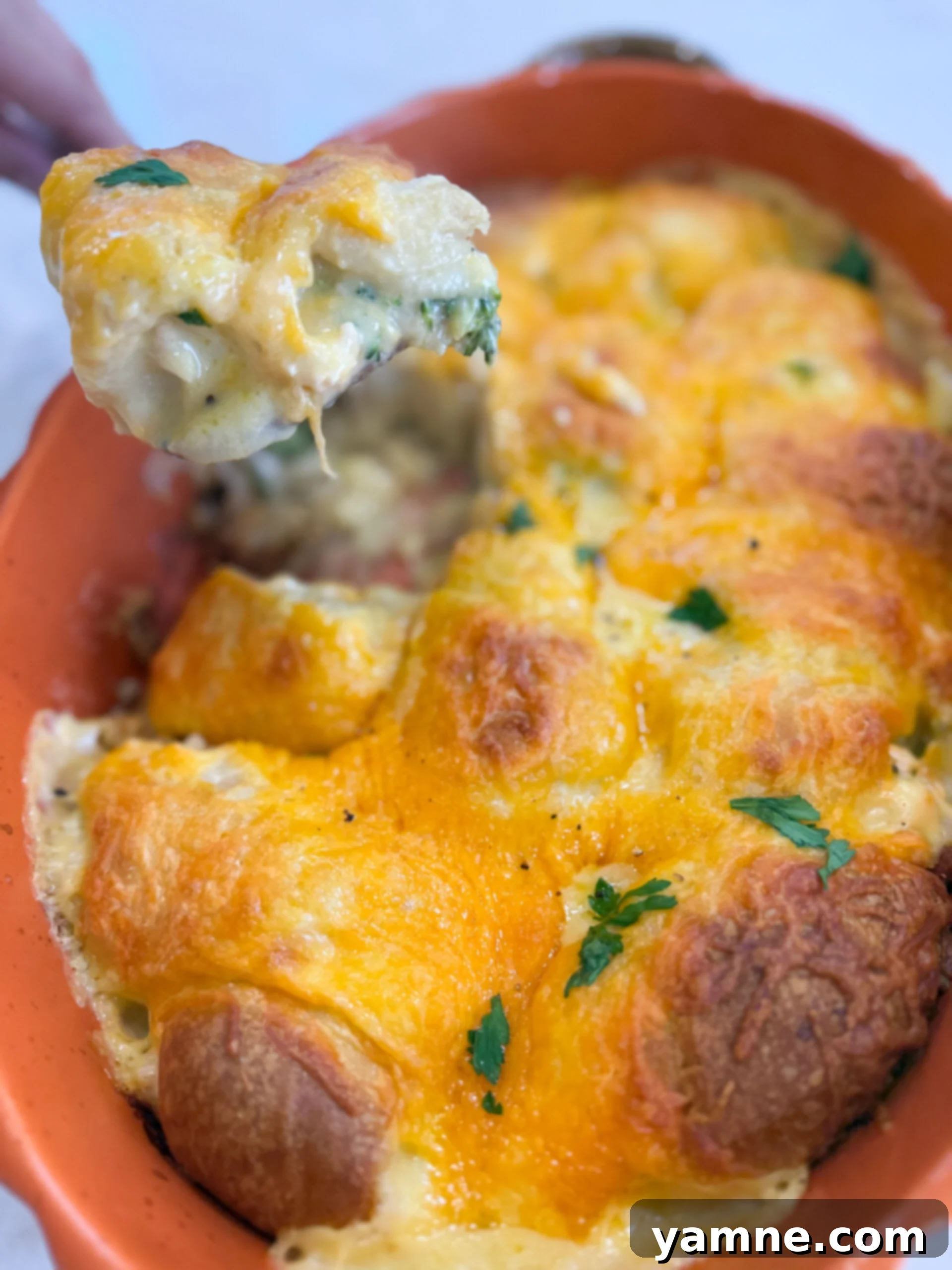Flaky Cheesy Chicken and Broccoli Bake 1 Golden brown cheesy chicken crescent roll casserole baked in a pan, bubbling with melted cheese and flaky crust.