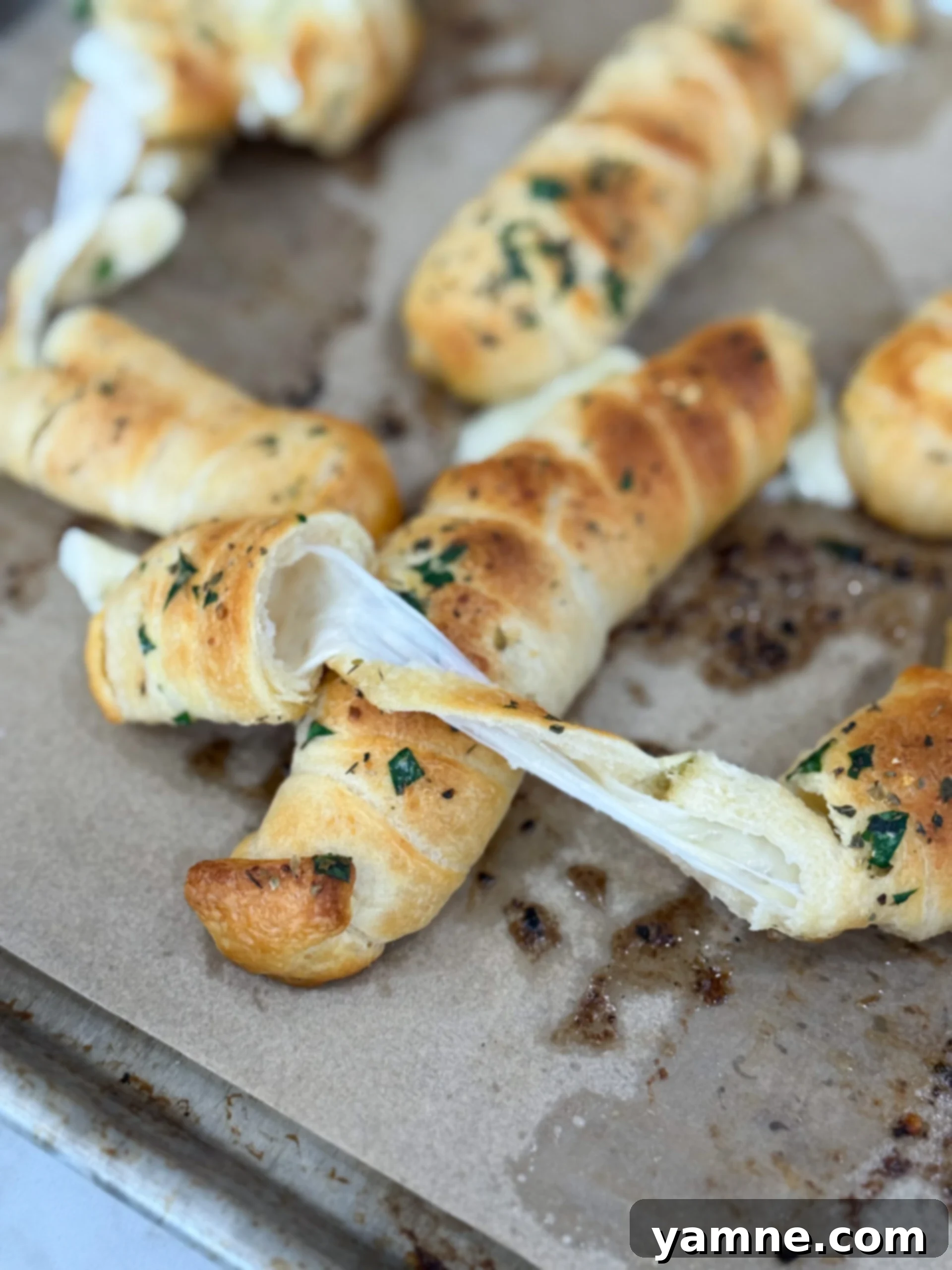 Golden brown mozzarella-stuffed garlic breadsticks arranged on a serving plate, ready to be enjoyed.