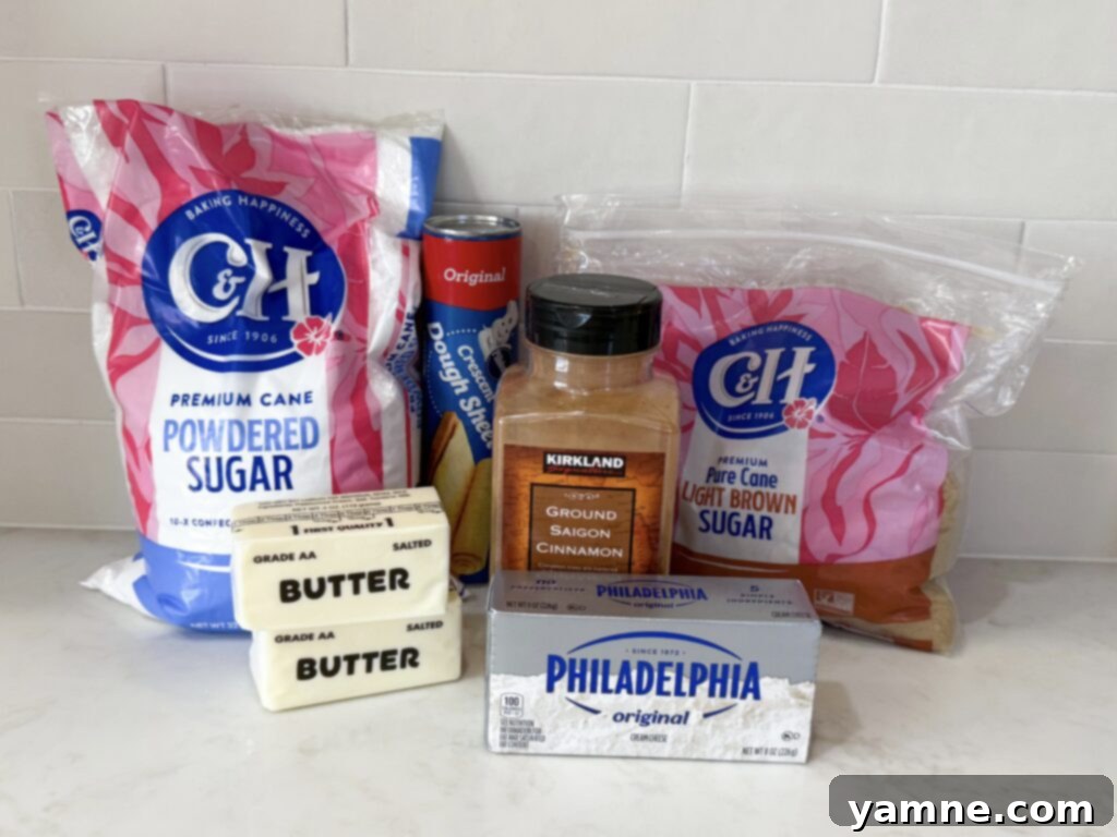 Ingredients for crescent roll cinnamon rolls laid out on a counter