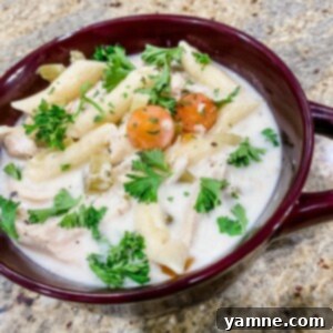 A comforting bowl of creamy chicken noodle soup, garnished with fresh herbs, perfect for chilly evenings.