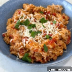 Cooked Caprese Chicken and Rice, ready to serve.