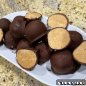 Delicious Chocolate-Dipped Peanut Butter Balls arranged on a plate