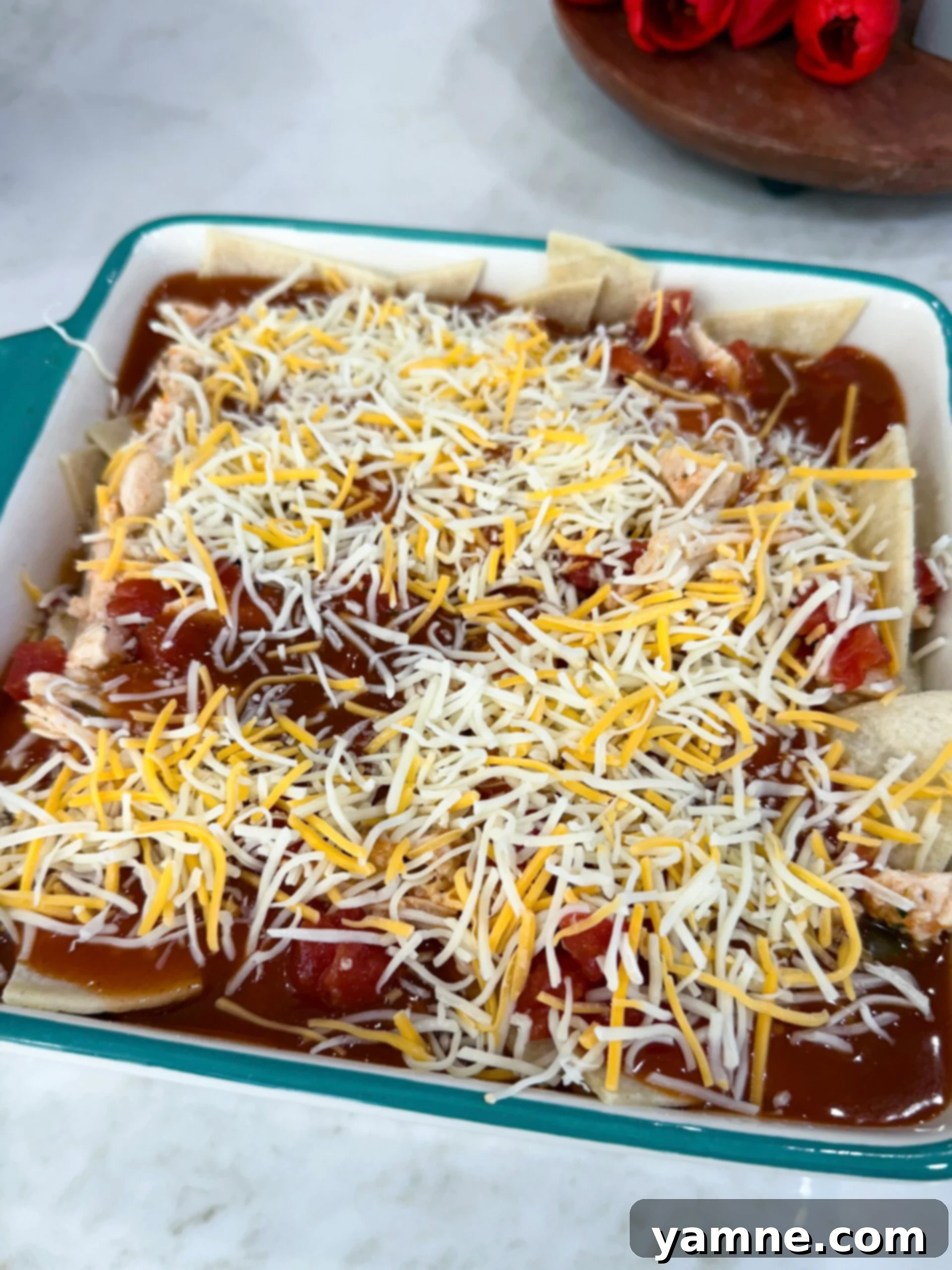 Red Chili Enchiladas ready to be put into the oven