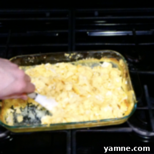 Effortless Egg Bake 1 Fluffy oven-baked scrambled eggs in a baking dish with a spatula, ready to be served.