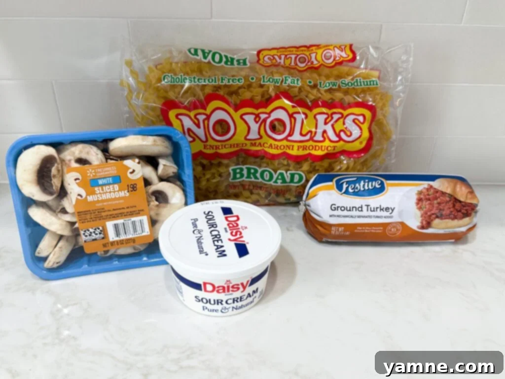 Ground turkey stroganoff ingredients including egg noodles, fresh mushrooms, sour cream, and ground turkey, all arranged on a white kitchen counter.