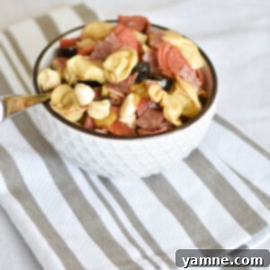 A vibrant Antipasto Salad featuring cheese tortellini, pepperoni, salami, mozzarella cubes, black olives, and pepperoncini, all coated in a light dressing.
