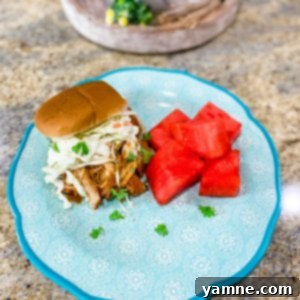 Slow Cooker BBQ Chicken Sandwiches 2 Delicious Slow Cooker BBQ Chicken Sandwiches on a bun with coleslaw