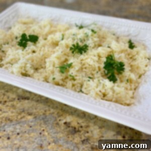 A bowl of fluffy, seasoned white rice garnished with fresh parsley.