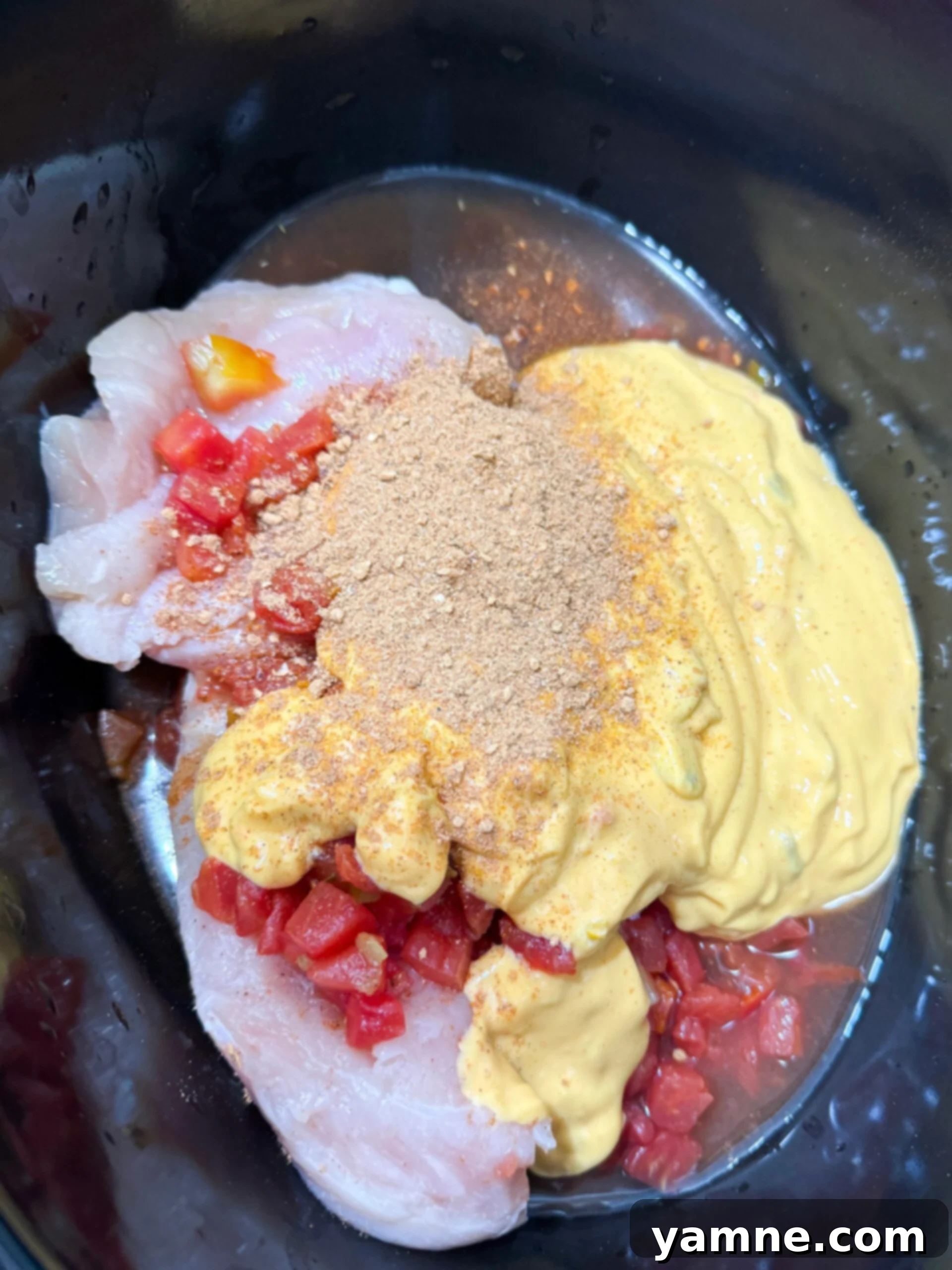 Creamy Slow Cooker Queso Chicken Tacos 5 Adding chicken and Rotel to slow cooker