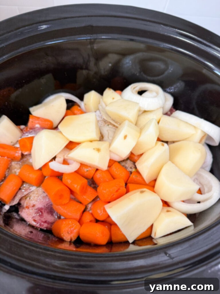 Perfect Slow Cooker Pot Roast 4 Half of thickly sliced onions forming a bed at the bottom of a slow cooker, ready for the beef roast