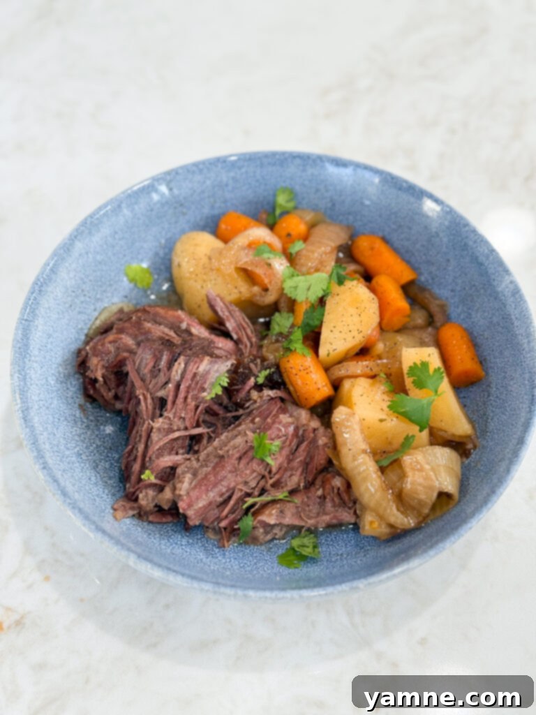 Perfect Slow Cooker Pot Roast 7 A bowl of hot, ready-to-eat slow cooker pot roast with tender beef, carrots, and potatoes, drenched in savory gravy
