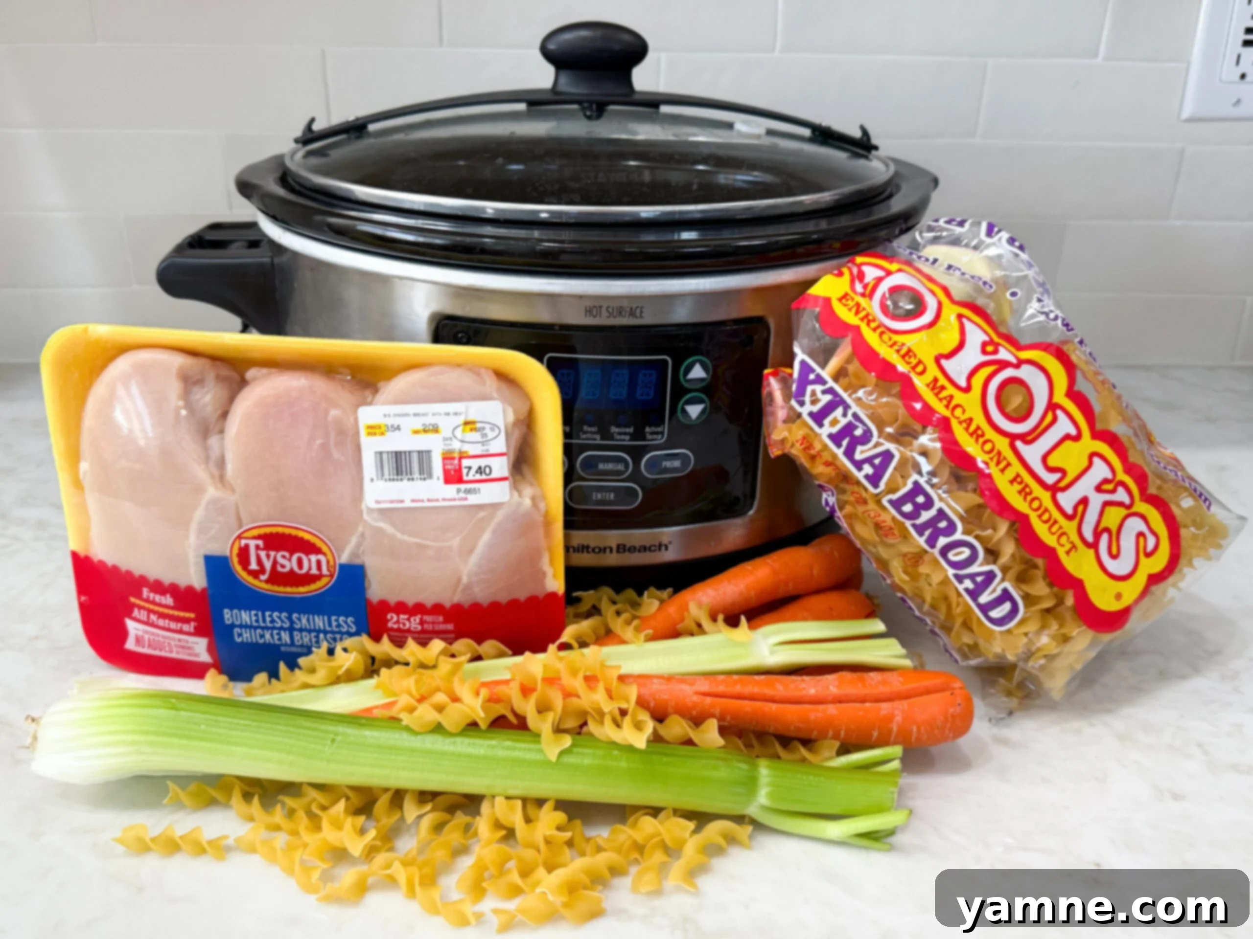Ingredients for Chicken Noodle Soup on countertop