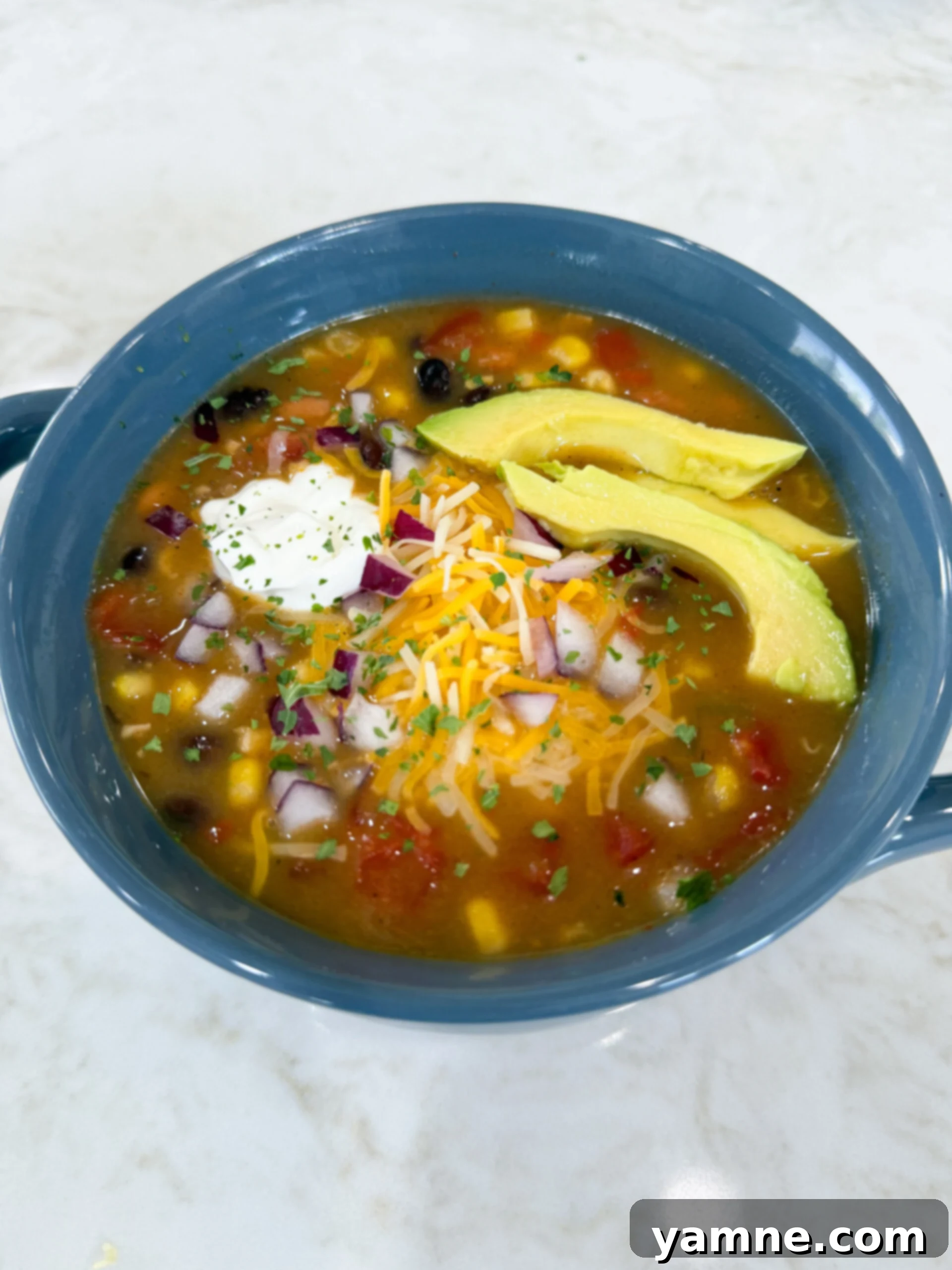 Bowl of 8 Can Chicken Taco Soup with beans, corn, and chicken topped with sour cream and cheese