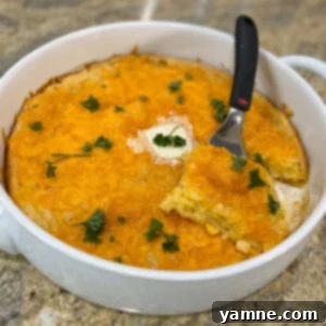 Creamy Corn Casserole 2 A golden-brown corn casserole baked in a circular dish, ready to be served, highlighting its creamy texture and crispy top.