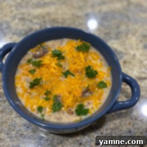 Delicious Slow Cooker Cheeseburger Soup in a bowl, garnished with fresh parsley and shredded cheese