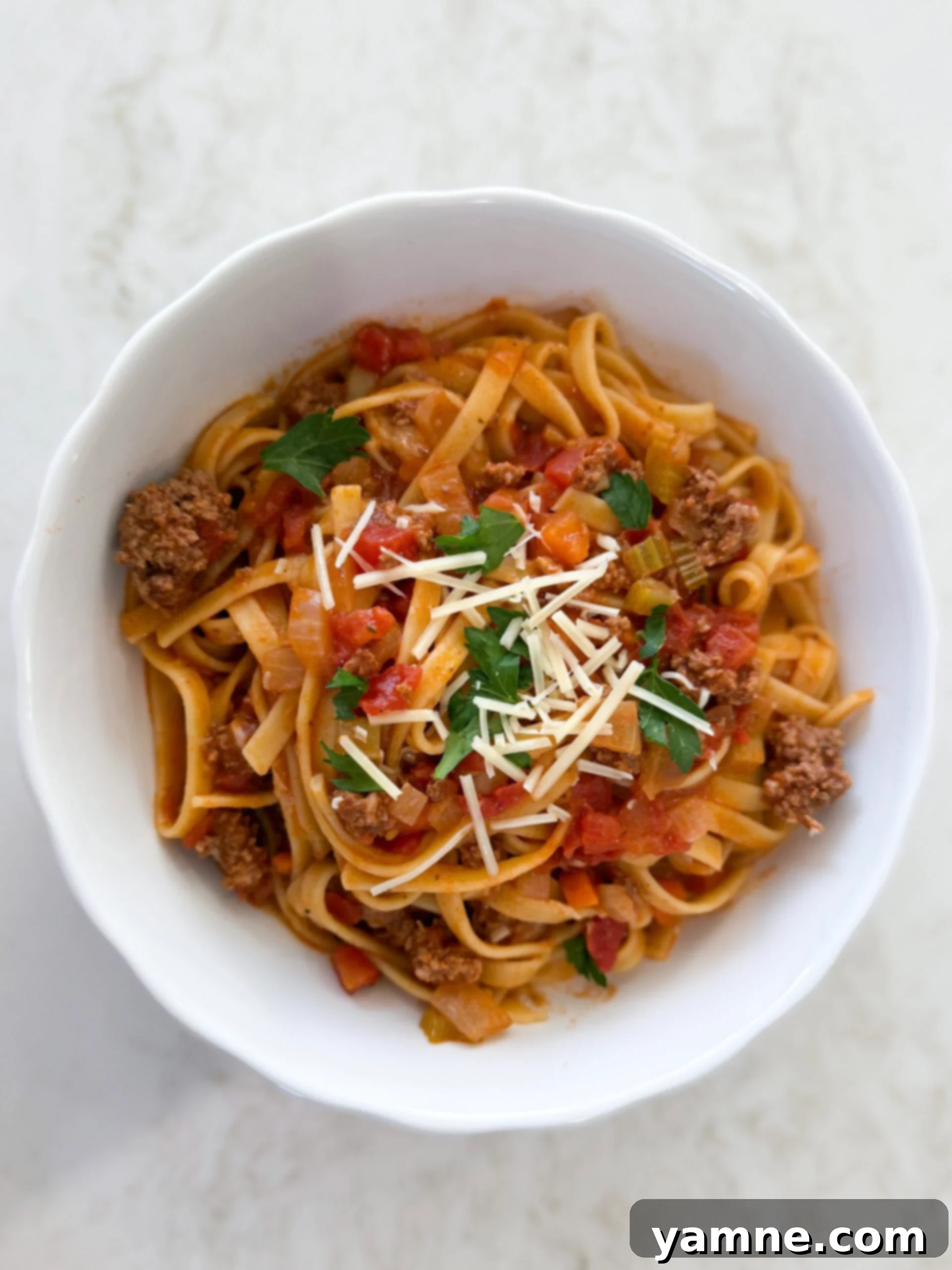 One-Pot Beef Bolognese with Pasta plated