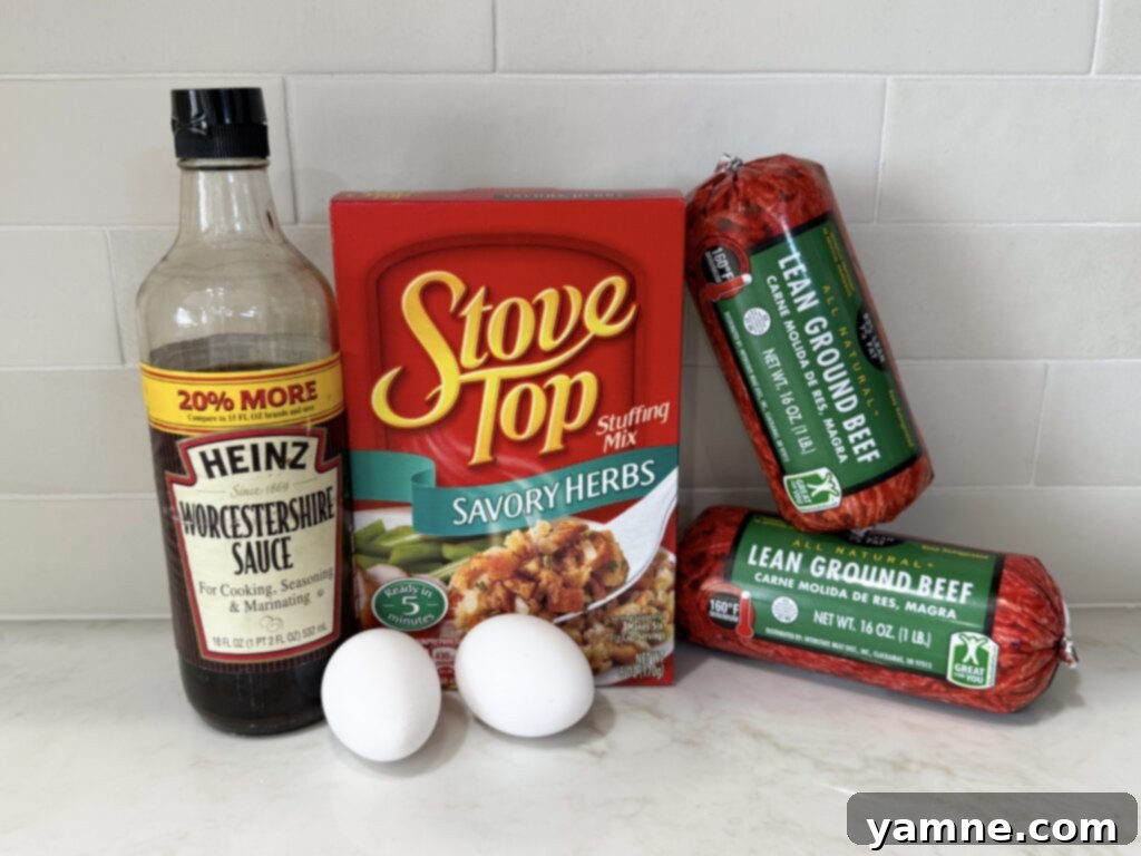 Meatloaf made with boxed stuffing ingredients, perfectly glazed and baked.