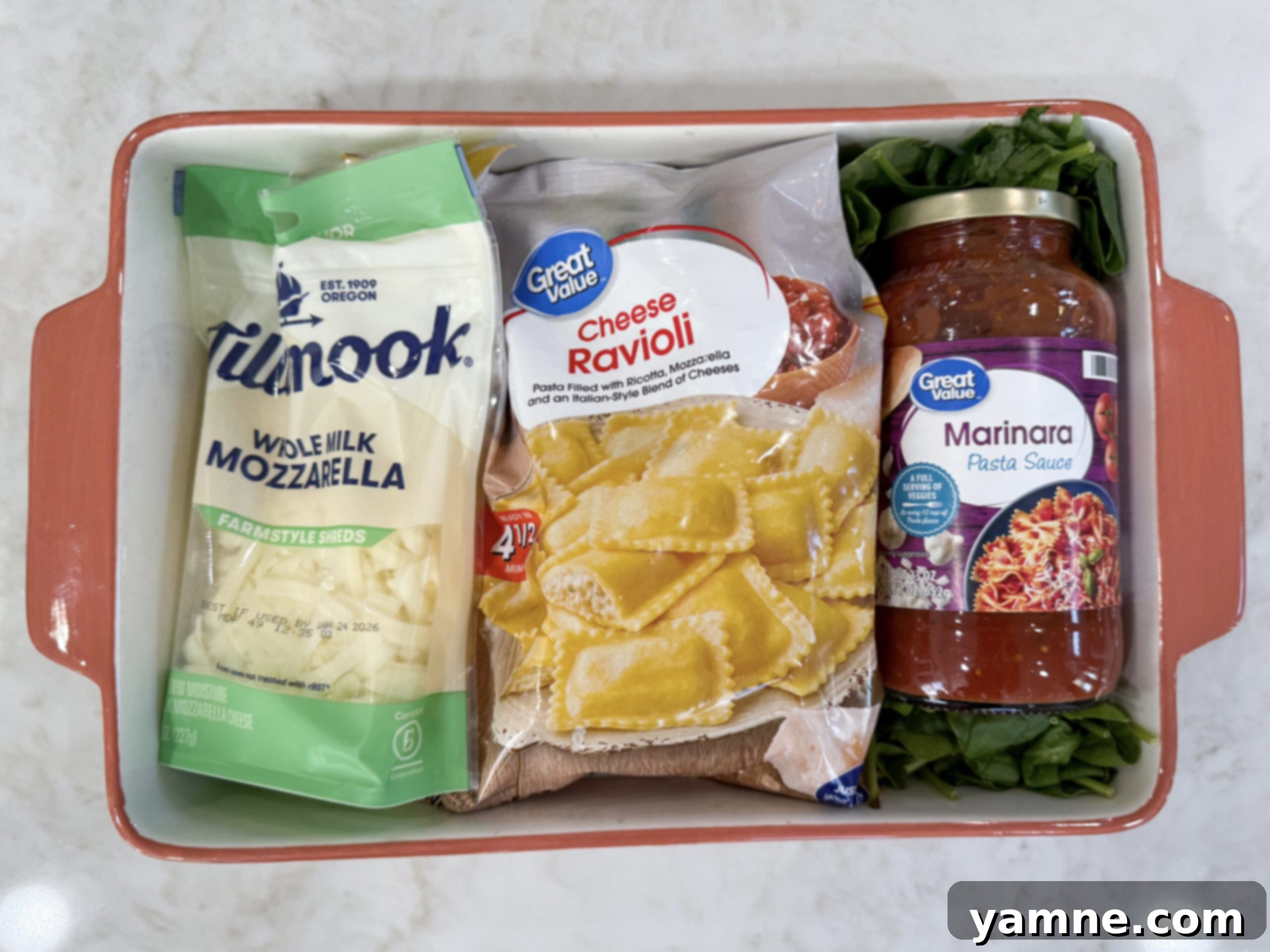 Cheesy Ravioli Casserole 5 Ingredients for cheese ravioli bake in casserole dish