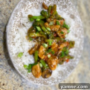 Flavorful Chicken and Vegetable Stir Fry served over rice, garnished with sesame seeds.