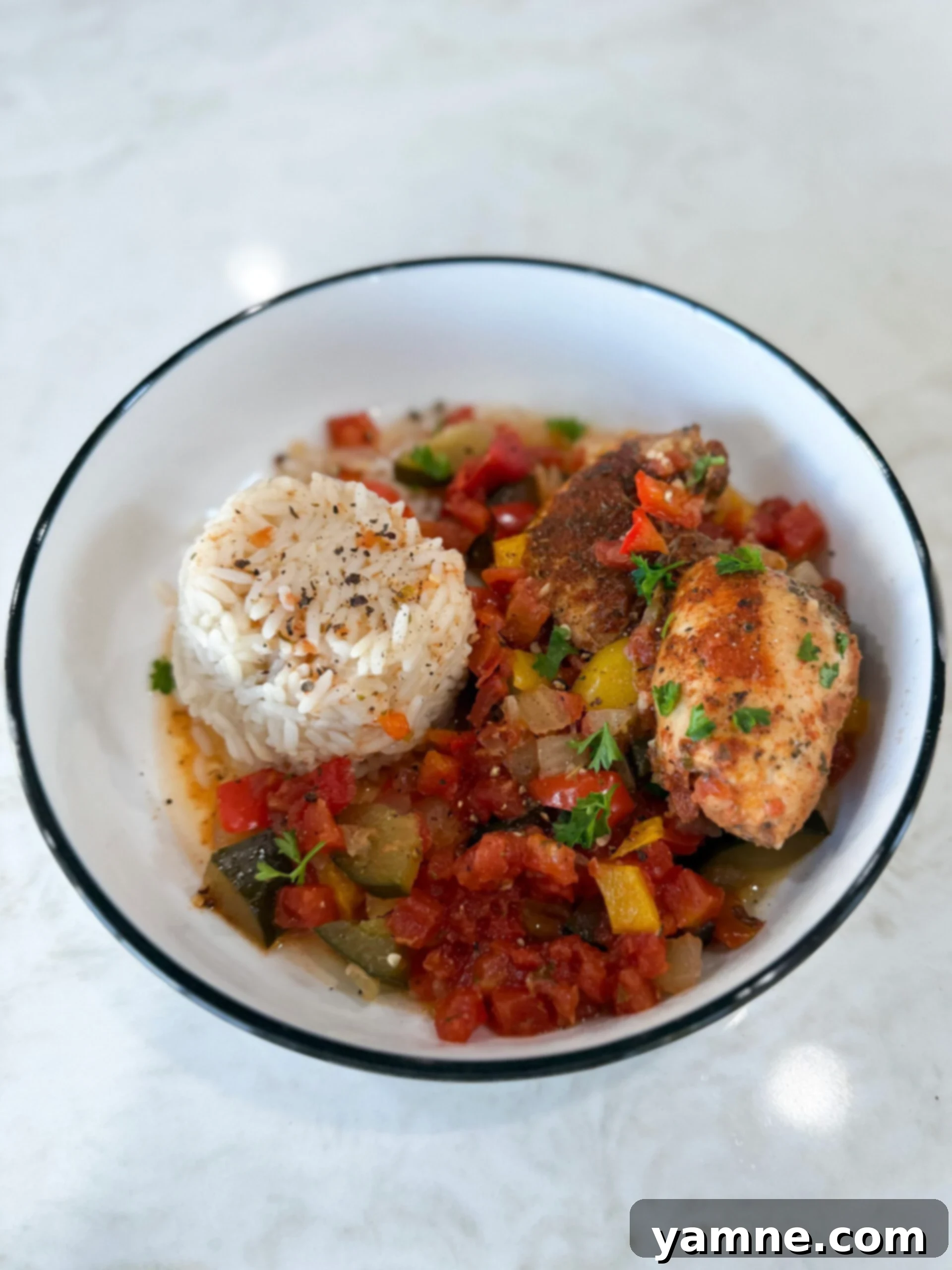 Chicken and vegetables served in a bowl, showcasing the delicious and healthy slow-cooked meal.