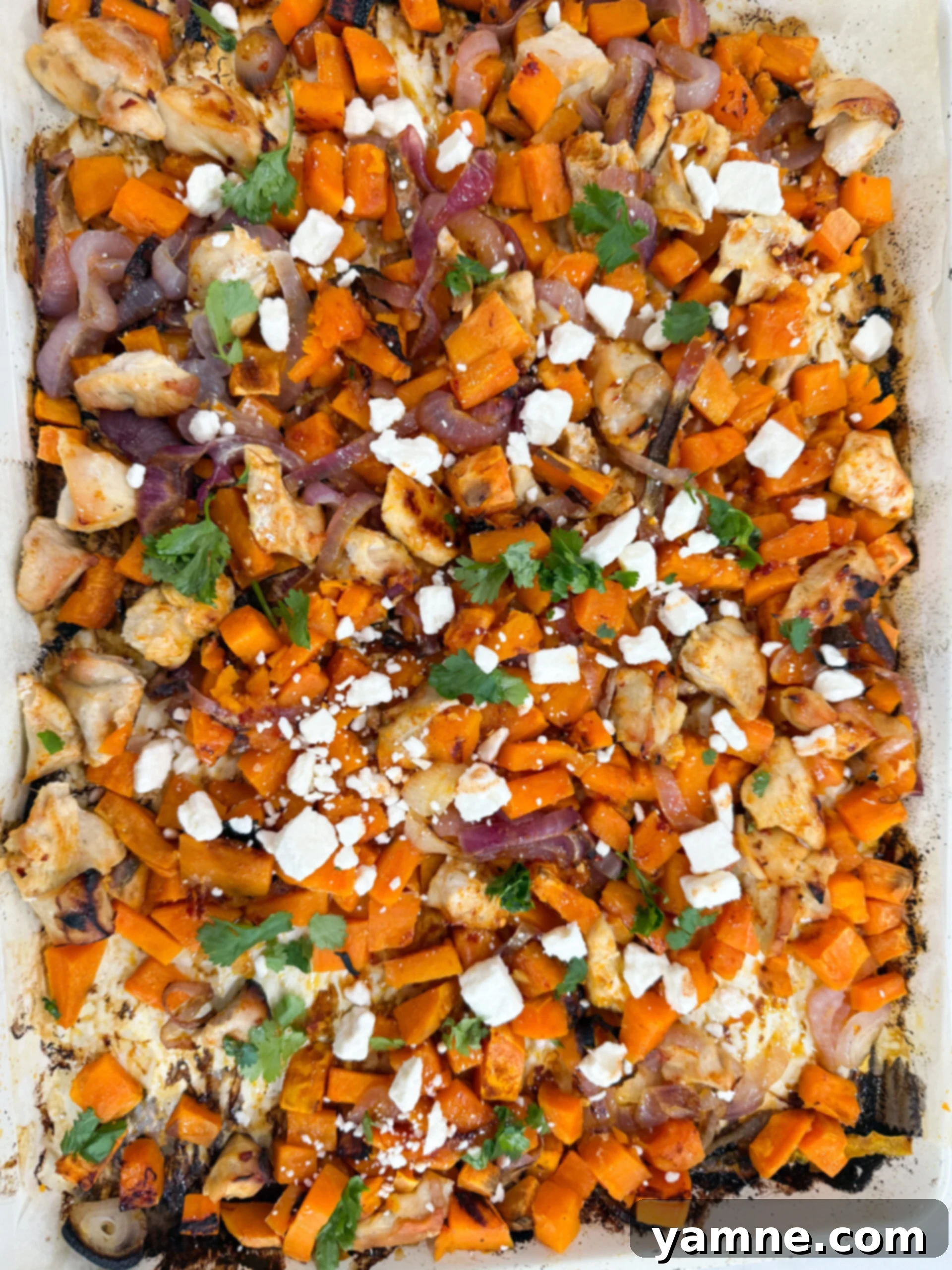Finished hot honey chicken sheet pan dinner