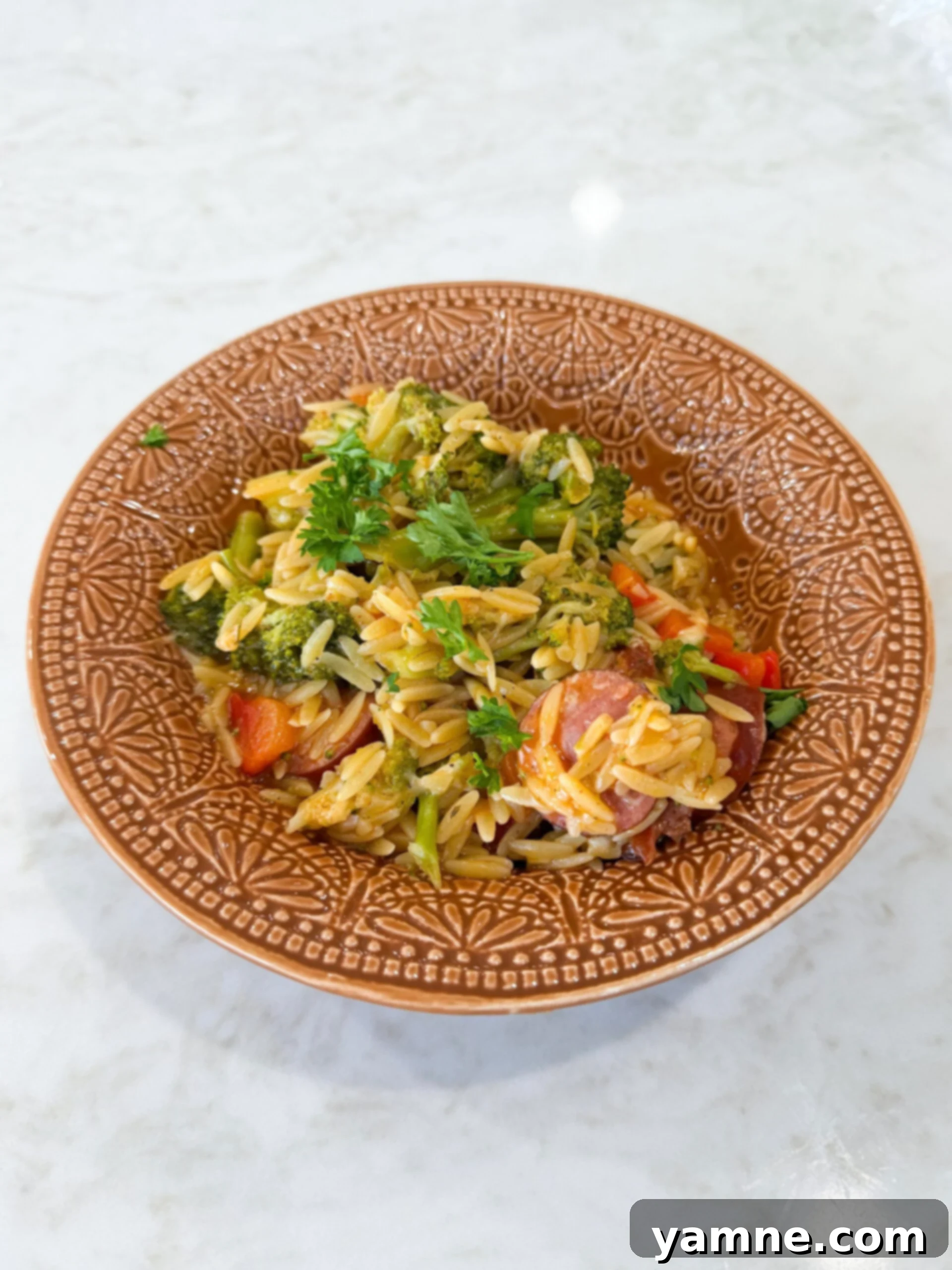 One-pot orzo with kielbasa and vegetables